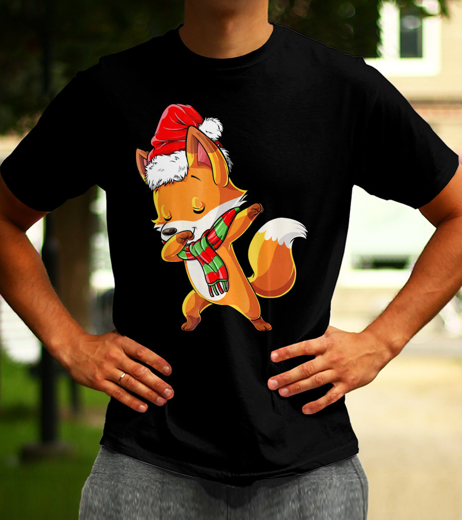 Christmas Dab Fox With Santa Hat And Scarf T-Shirt