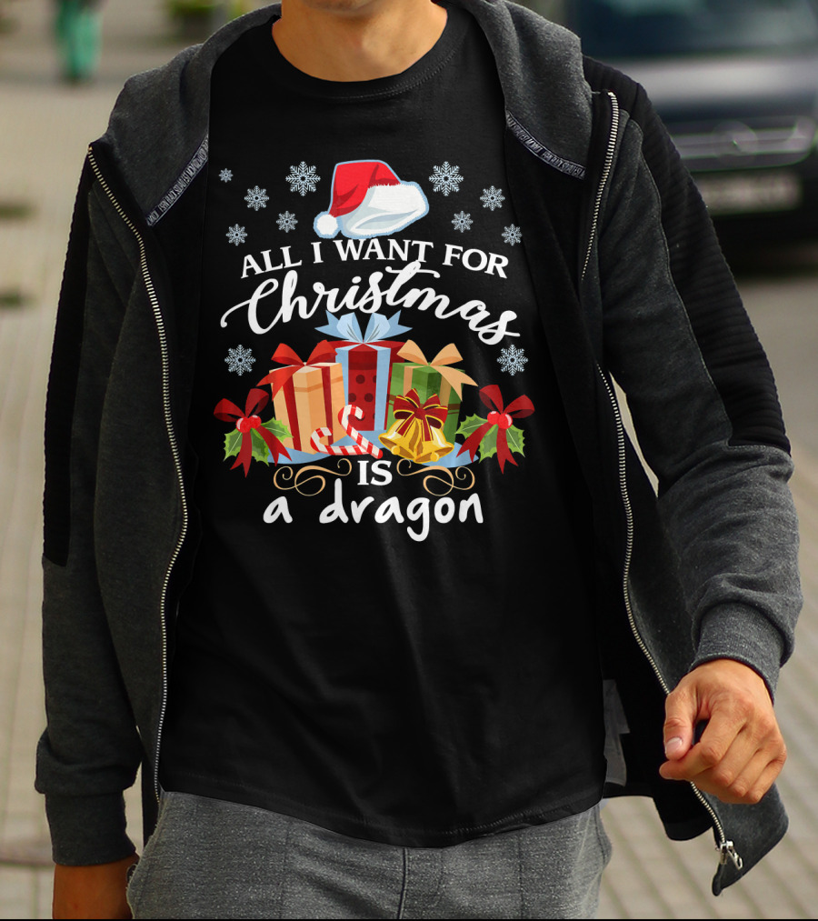 All I Want For Christmas Is A Dragon Santa Hat Presents Snowflakes T-Shirt