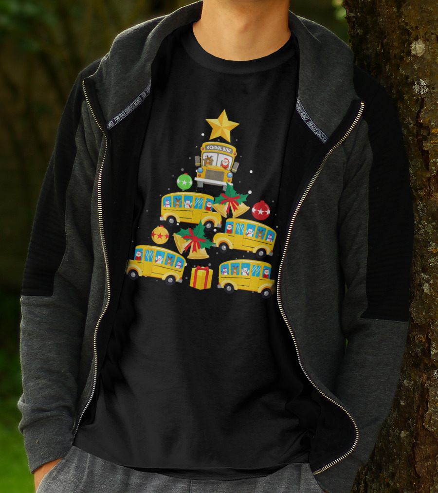 School Bus Christmas Tree With Santa Reindeer Ornaments And Gifts T-Shirt