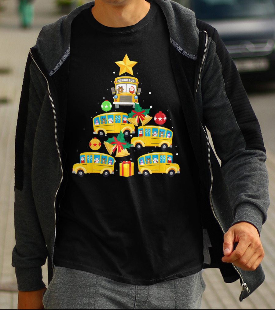 School Bus Christmas Tree With Santa Reindeer Ornaments And Gifts T-Shirt