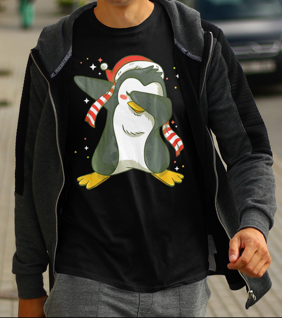 Christmas Xmas Santa Claus Penguin Dabbing Scarf Santa Hat T-Shirt