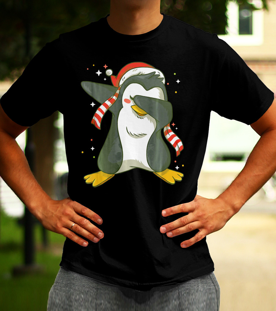 Christmas Xmas Santa Claus Penguin Dabbing Scarf Santa Hat T-Shirt