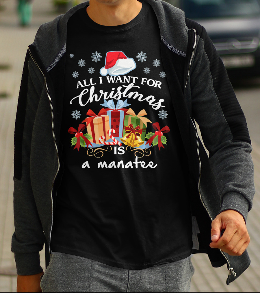 All I Want For Christmas Is A Manatee Santa Hat Snowflakes Presents Candy Cane T-Shirt