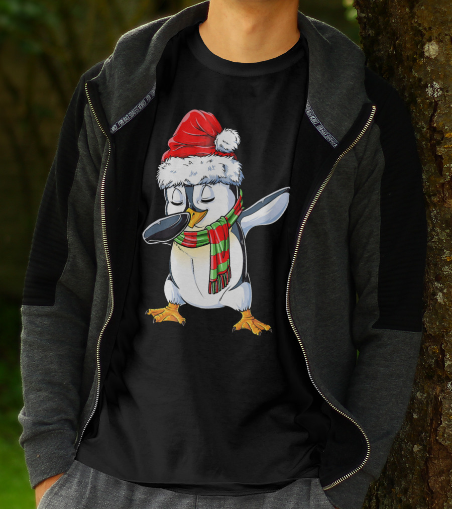 Dabbing Penguin Santa Claus With Festive Scarf T-Shirt