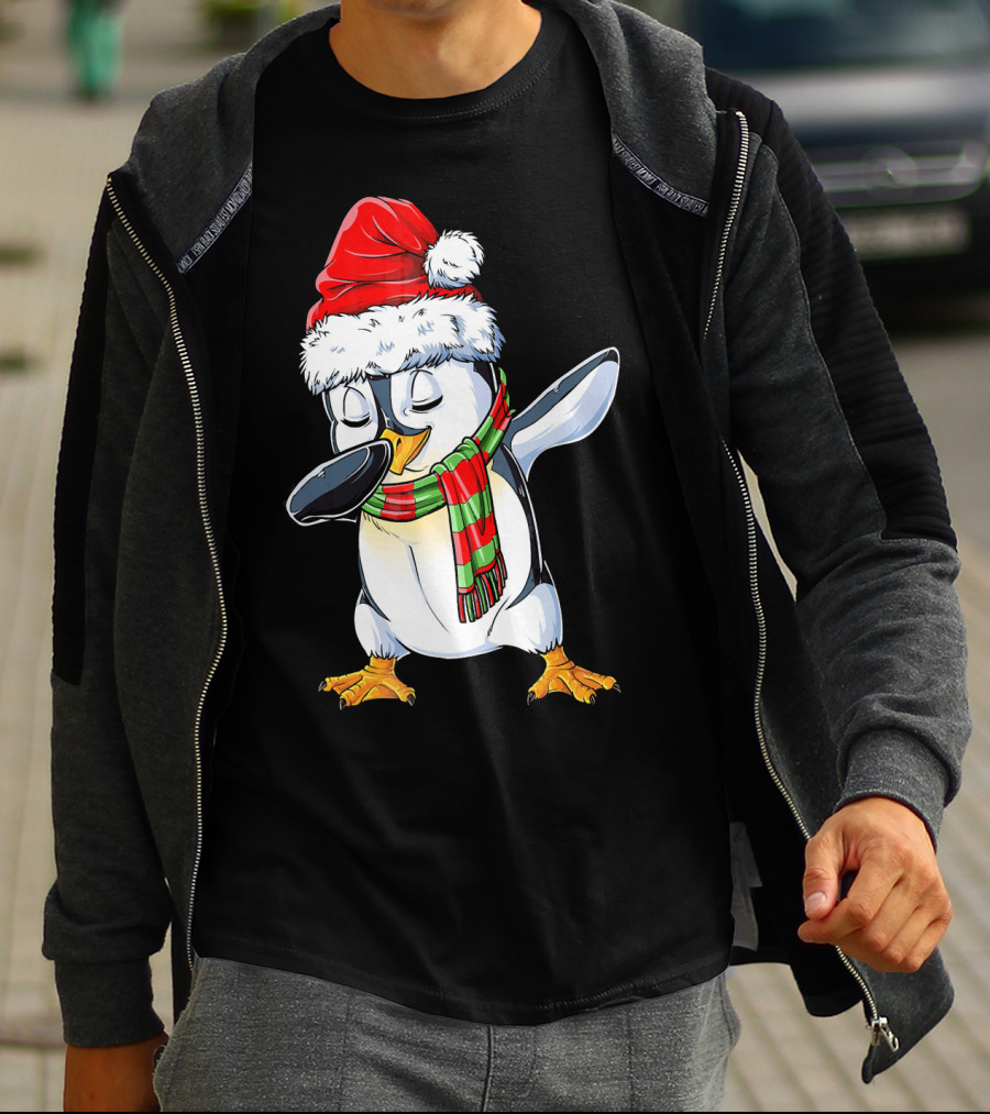 Dabbing Penguin Santa Claus With Festive Scarf T-Shirt