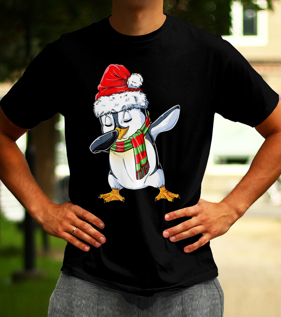 Dabbing Penguin Santa Claus With Festive Scarf T-Shirt
