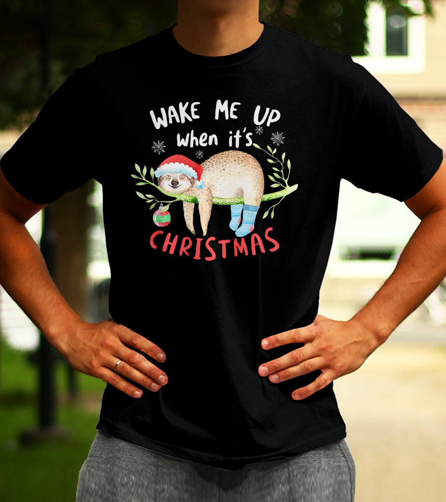 Wake Me Up When It's Christmas Cute Sloth With Santa Hat T-Shirt