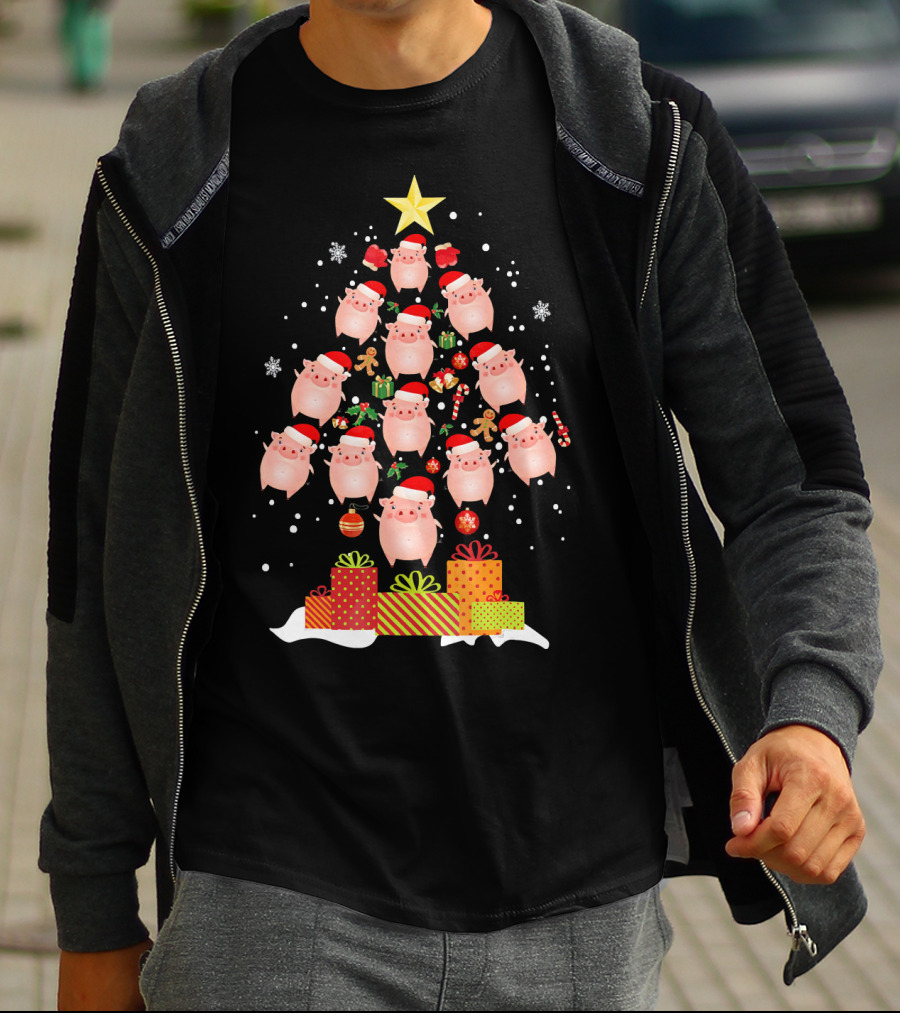 Christmas Tree Of Santa Hat Pigs With Gifts And Snowflakes T-Shirt