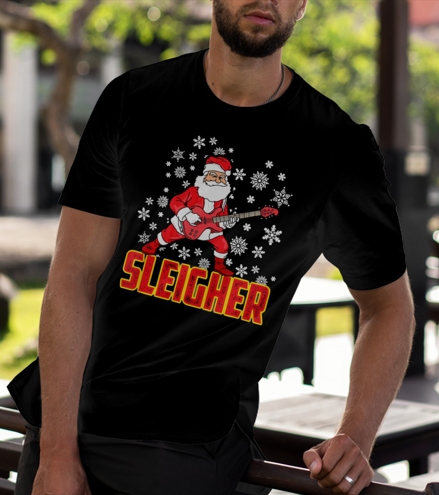 Sleigher Santa Claus With Guitar And Snowflakes T-Shirt
