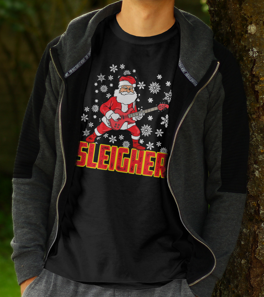 Sleigher Santa Claus With Guitar And Snowflakes T-Shirt