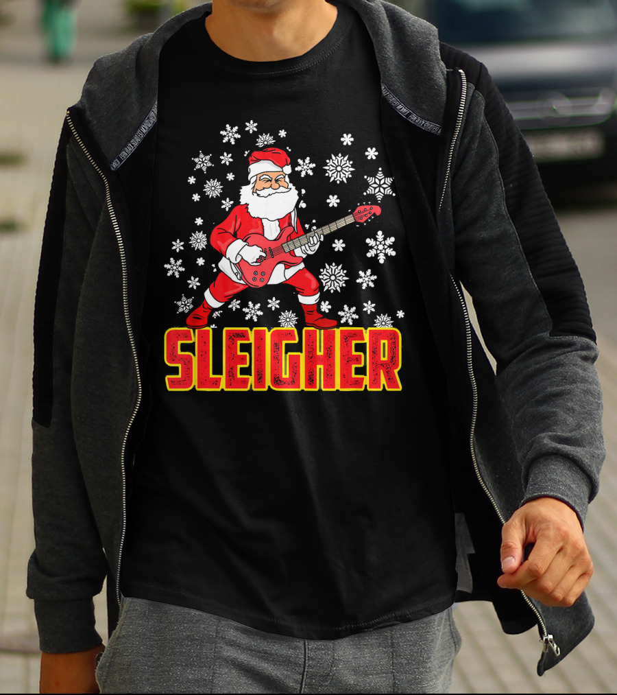 Sleigher Santa Claus With Guitar And Snowflakes T-Shirt
