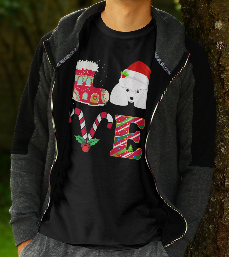 I Love My Poodle Funny Christmas Poodle Candy Cane Santa Hat Holiday Boot T-Shirt