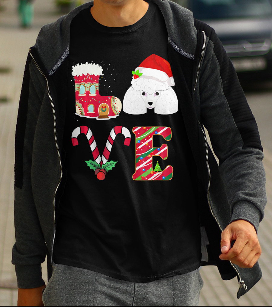 I Love My Poodle Funny Christmas Poodle Candy Cane Santa Hat Holiday Boot T-Shirt