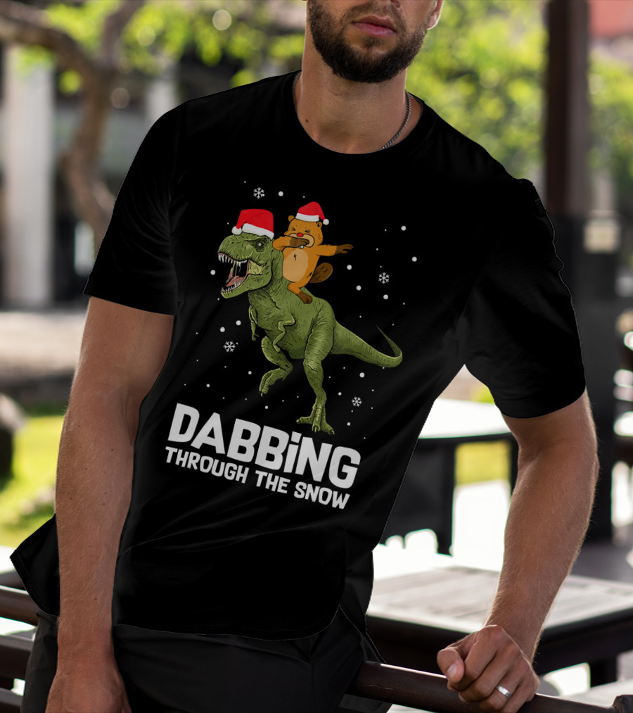 Beaver Dabbing On Dinosaur Wearing Santa Hats Dabbing Through The Snow T-Shirt