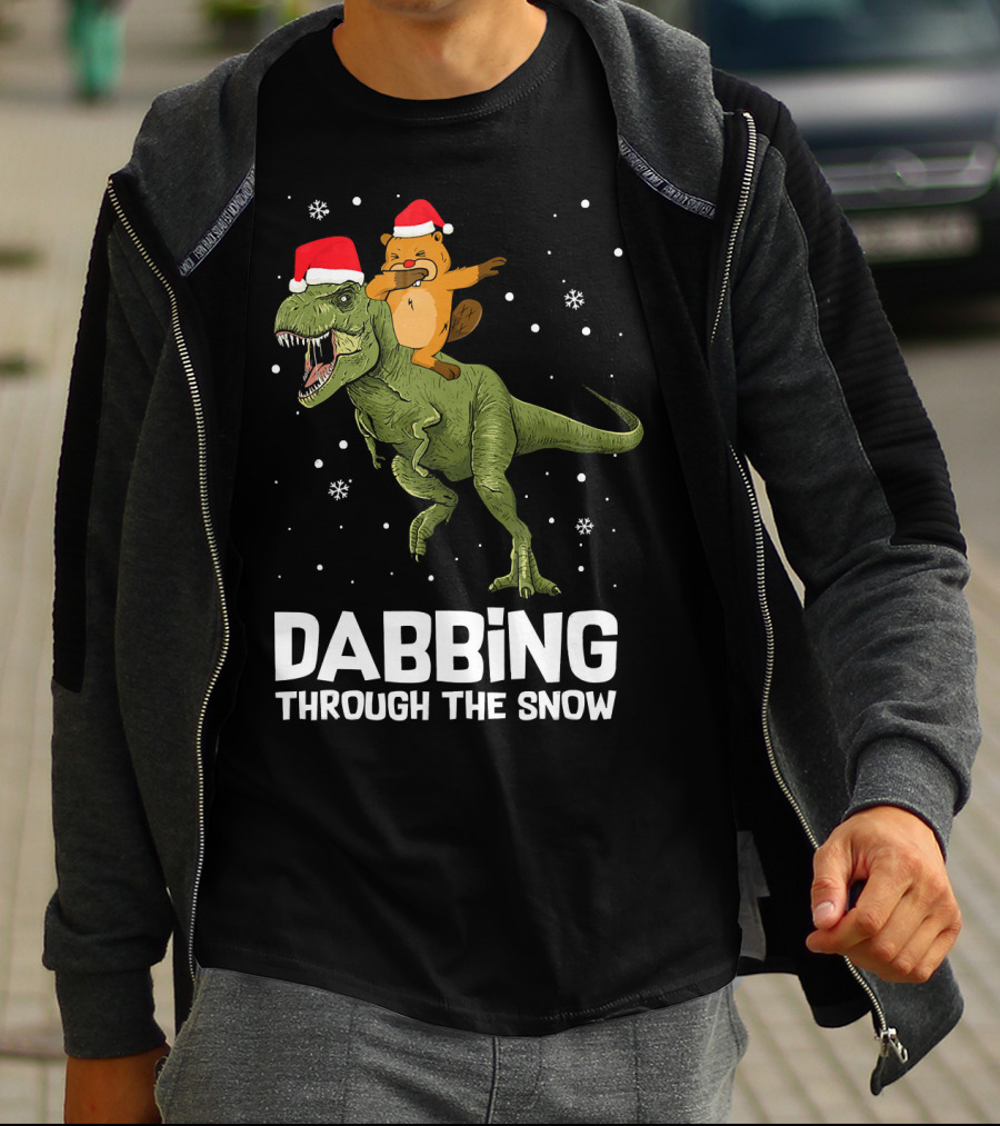 Beaver Dabbing On Dinosaur Wearing Santa Hats Dabbing Through The Snow T-Shirt
