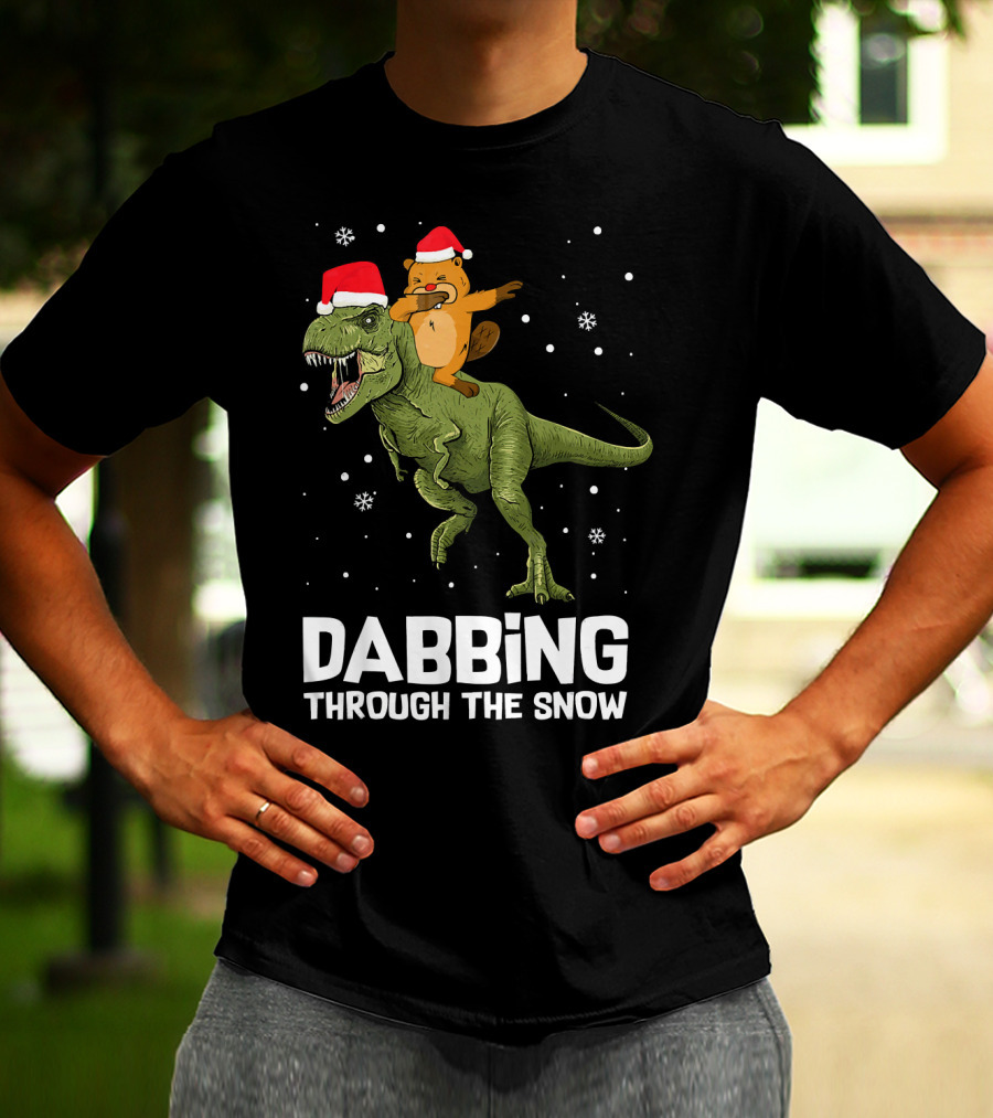 Beaver Dabbing On Dinosaur Wearing Santa Hats Dabbing Through The Snow T-Shirt