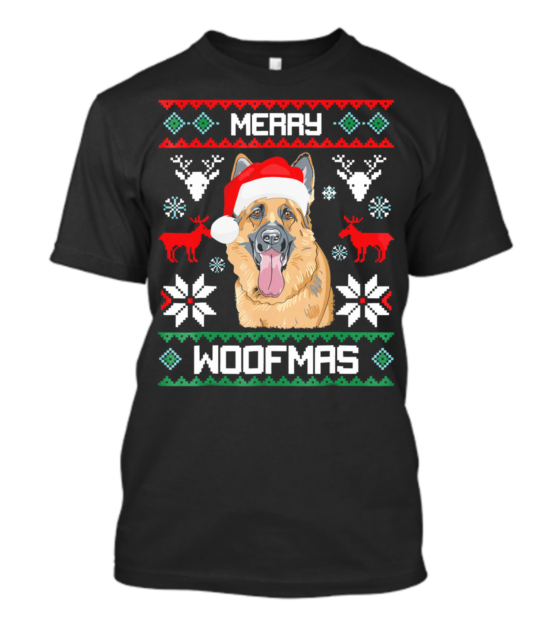 Merry Woofmas German Shepherd Santa Hat Christmas Reindeer Snowflakes T-Shirt