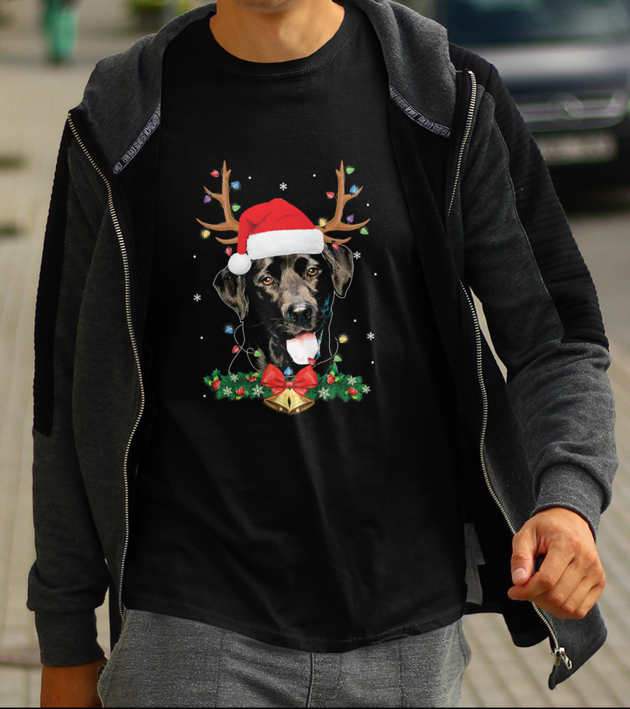 Black Labrador Santa Reindeer Antlers Christmas Lights Holiday Decor T-Shirt