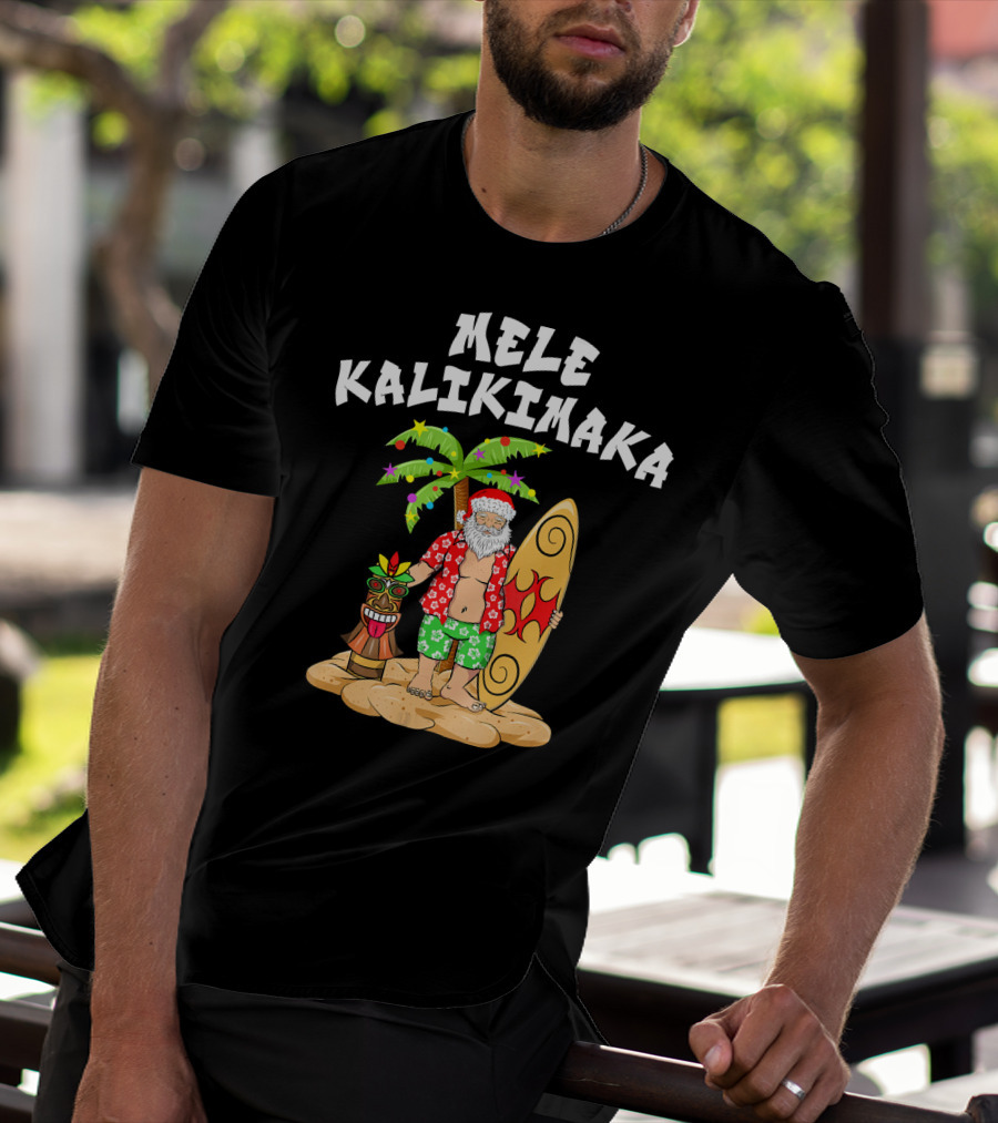 Mele Kalikimaka Santa With Surfboard And Tropical Tiki Palm Tree T-Shirt