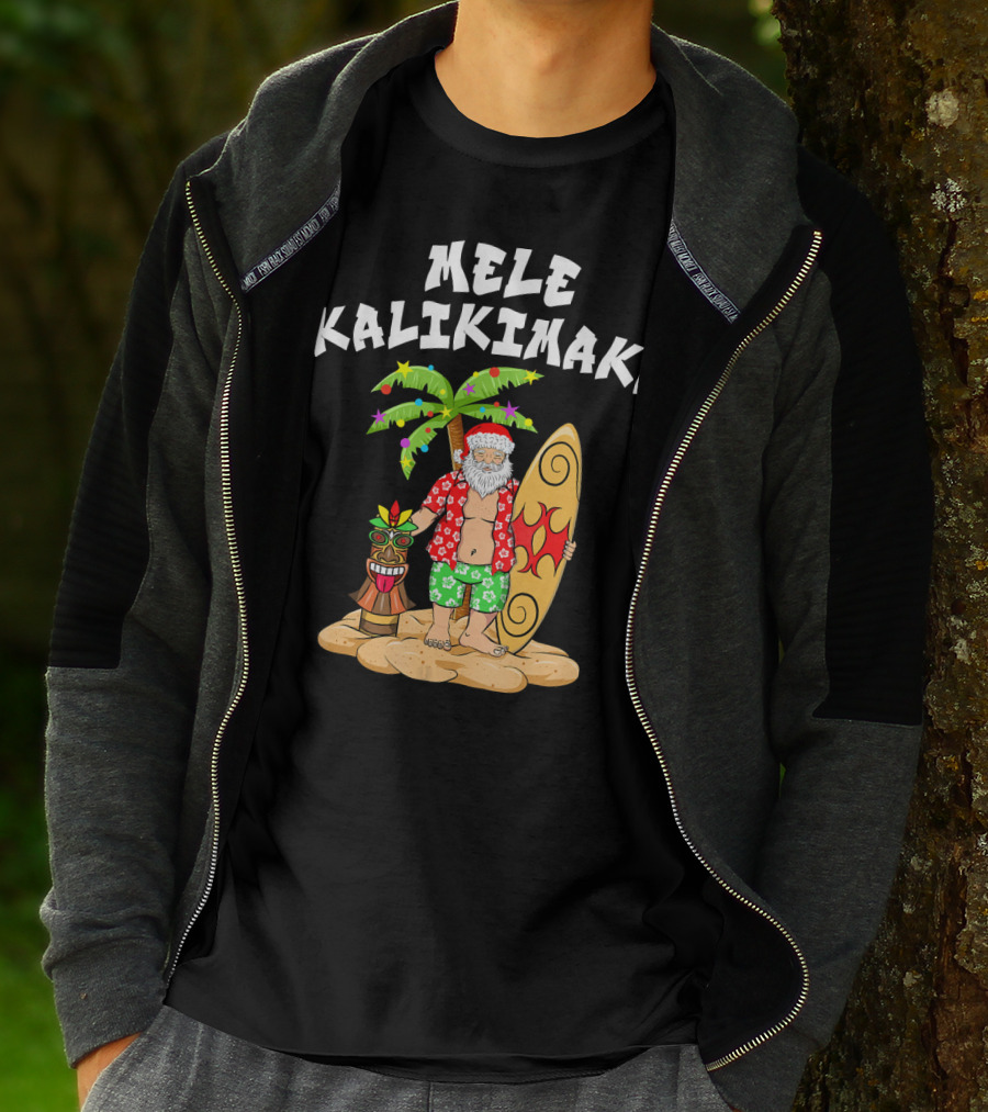 Mele Kalikimaka Santa With Surfboard And Tropical Tiki Palm Tree T-Shirt