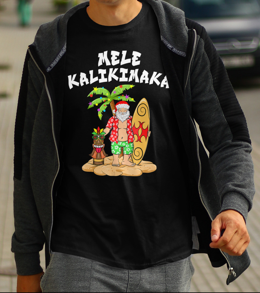 Mele Kalikimaka Santa With Surfboard And Tropical Tiki Palm Tree T-Shirt