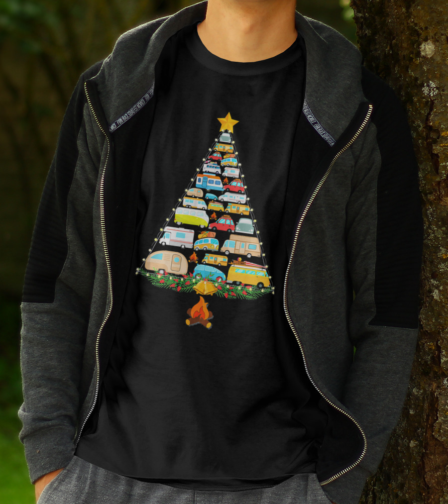 Christmas Tree Made Of Colorful Camping Vehicles With Star And Campfire T-Shirt