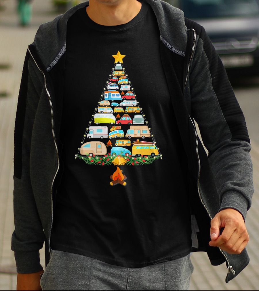 Christmas Tree Made Of Colorful Camping Vehicles With Star And Campfire T-Shirt