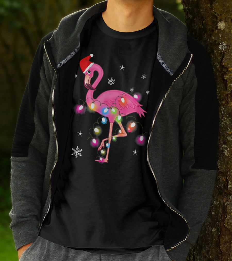 Pink Flamingo Christmas Lights And Santa Hat T-Shirt