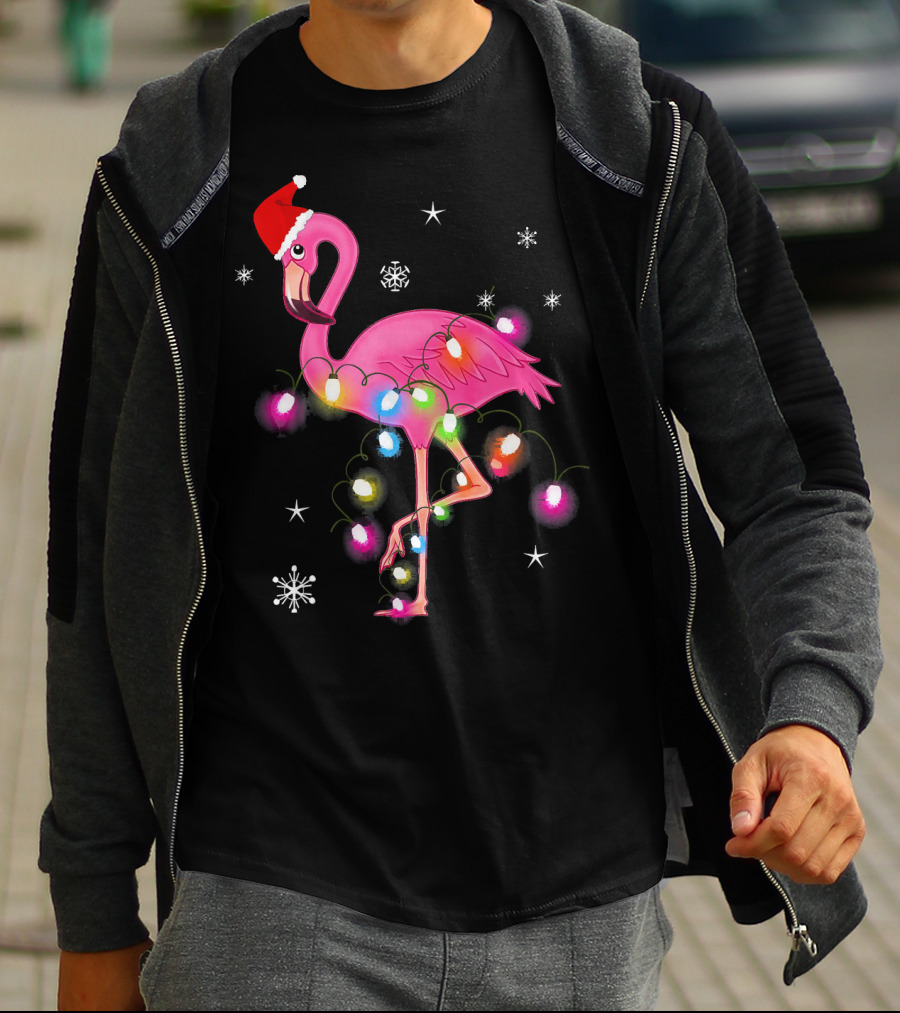 Pink Flamingo Christmas Lights And Santa Hat T-Shirt