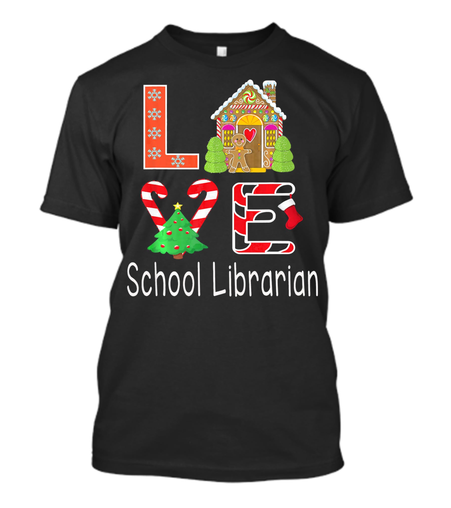 LOVE School Librarian Merry Christmas Gingerbread House Candy Cane Tree T-Shirt