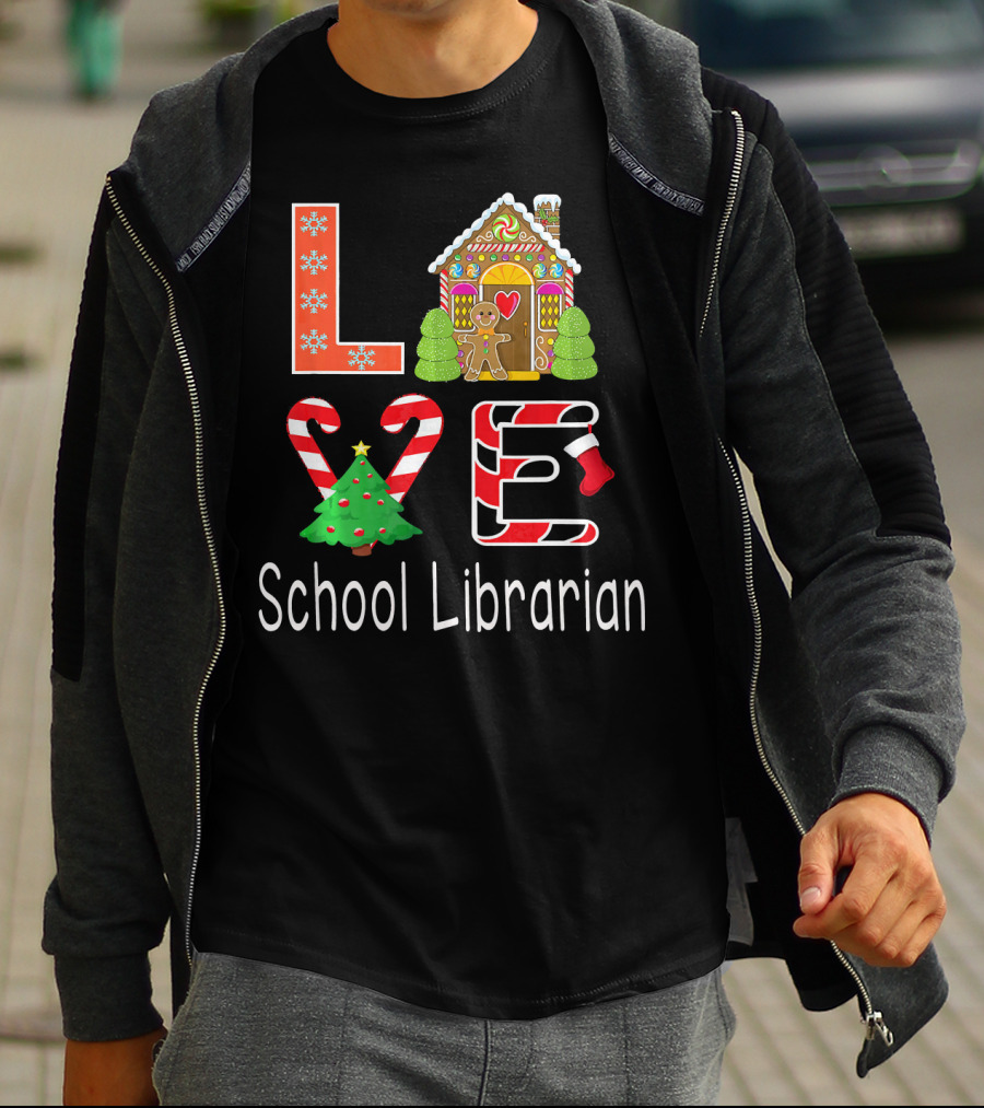 LOVE School Librarian Merry Christmas Gingerbread House Candy Cane Tree T-Shirt