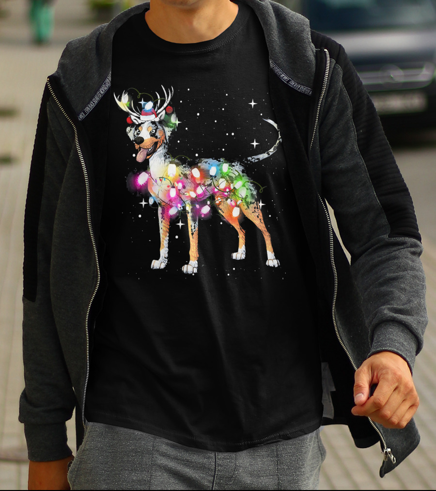 Festive Catahoula Leopard Dog With Christmas Lights And Reindeer Antlers T-Shirt