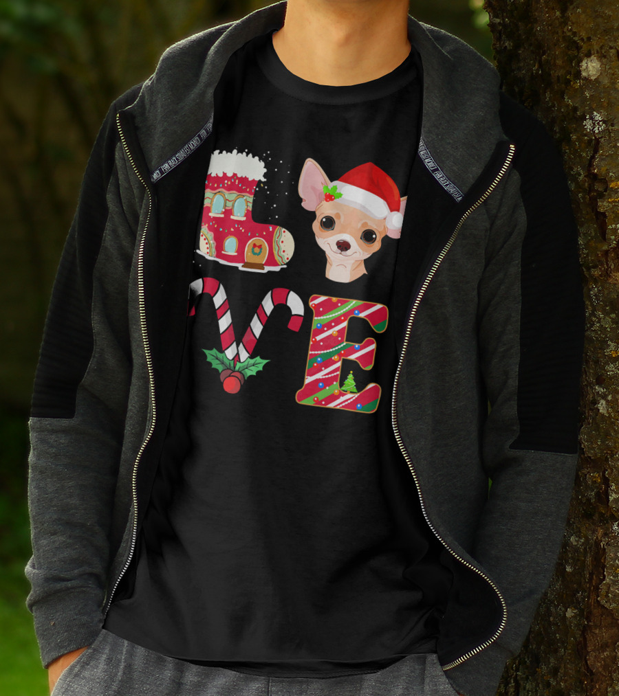I Love My Chihuahua Christmas Theme With Santa Hat And Holiday Decorations T-Shirt