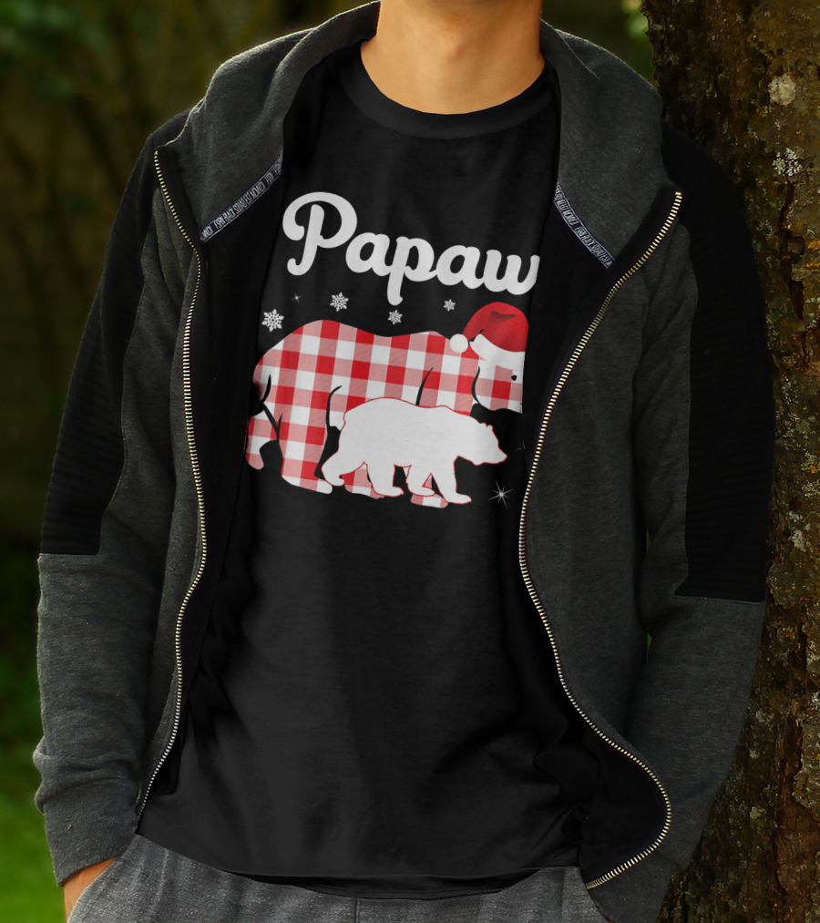Papaw Red Plaid Bear Santa Hat Snowflakes Matching Family Pajama T-Shirt