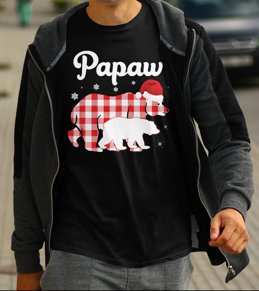 Papaw Red Plaid Bear Santa Hat Snowflakes Matching Family Pajama T-Shirt