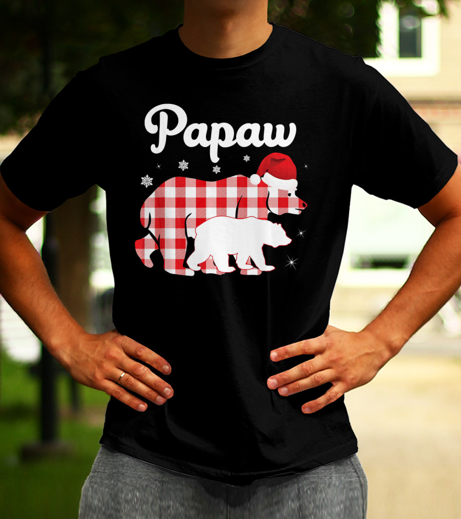 Papaw Red Plaid Bear Santa Hat Snowflakes Matching Family Pajama T-Shirt