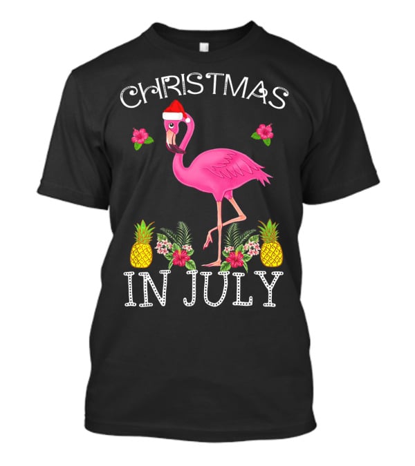 Christmas In July Pink Flamingo Santa Hat Pineapples Floral T-Shirt