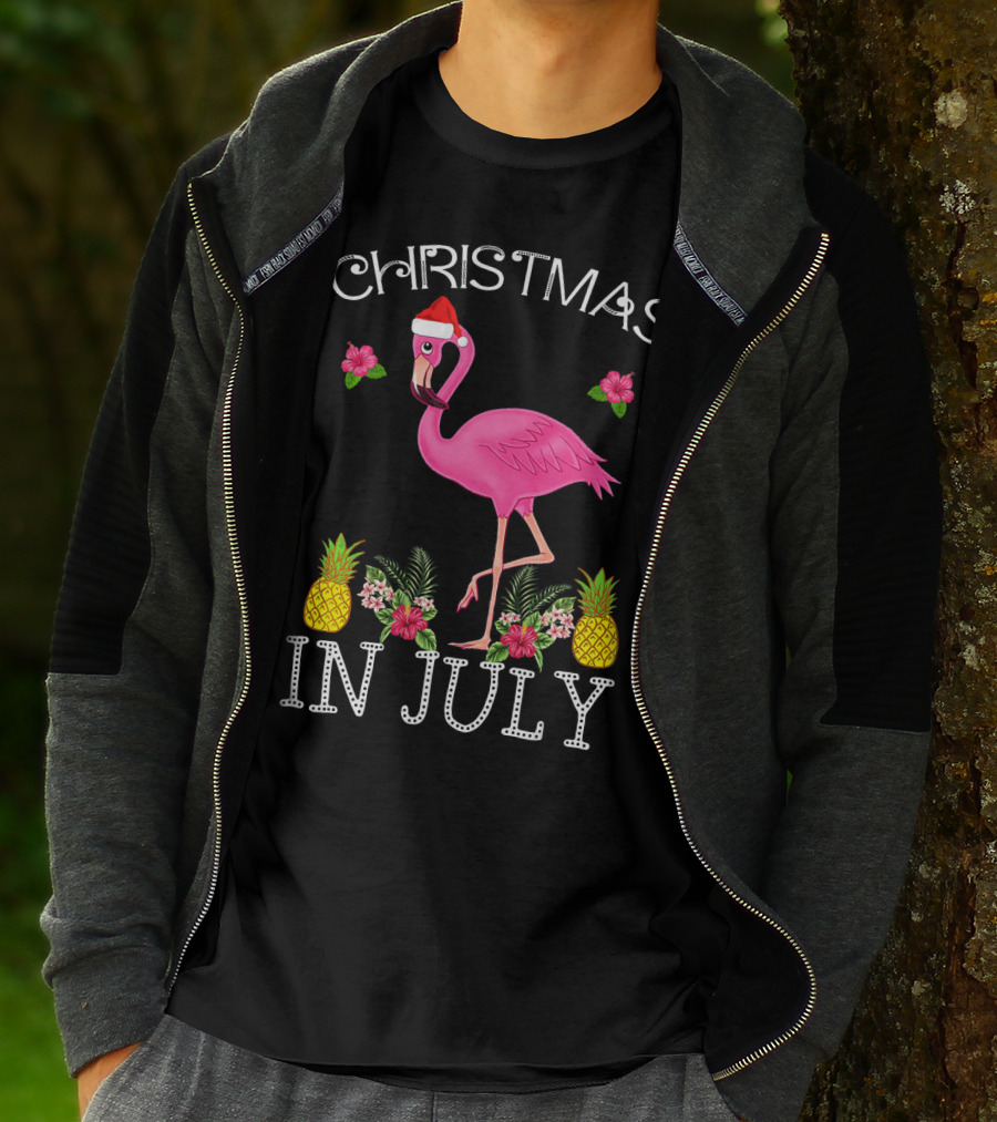 Christmas In July Pink Flamingo Santa Hat Pineapples Floral T-Shirt