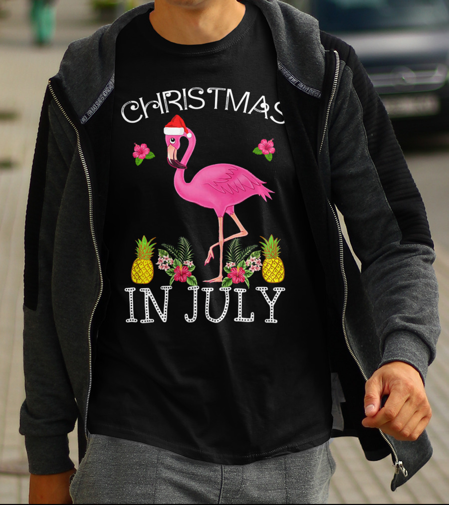 Christmas In July Pink Flamingo Santa Hat Pineapples Floral T-Shirt