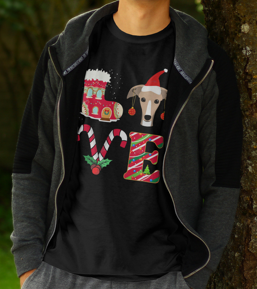 I Love My Greyhound Christmas Love Gingerbread Stocking Santa Hat Candy Cane Ornaments T-Shirt
