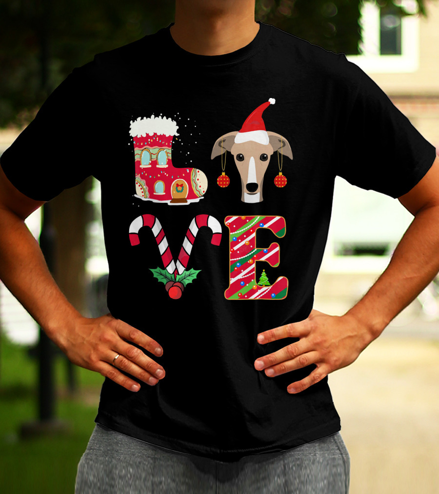 I Love My Greyhound Christmas Love Gingerbread Stocking Santa Hat Candy Cane Ornaments T-Shirt