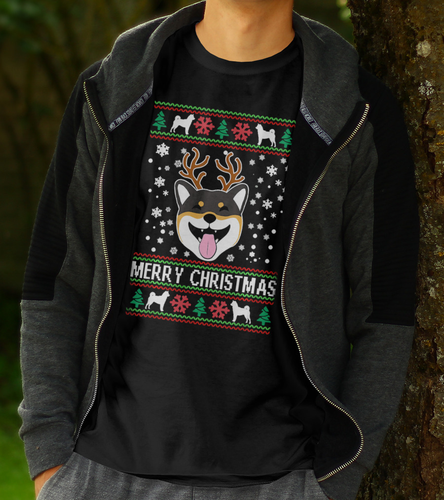 Merry Christmas Shiba Inu Reindeer Antlers Snowflakes Ugly T-Shirt