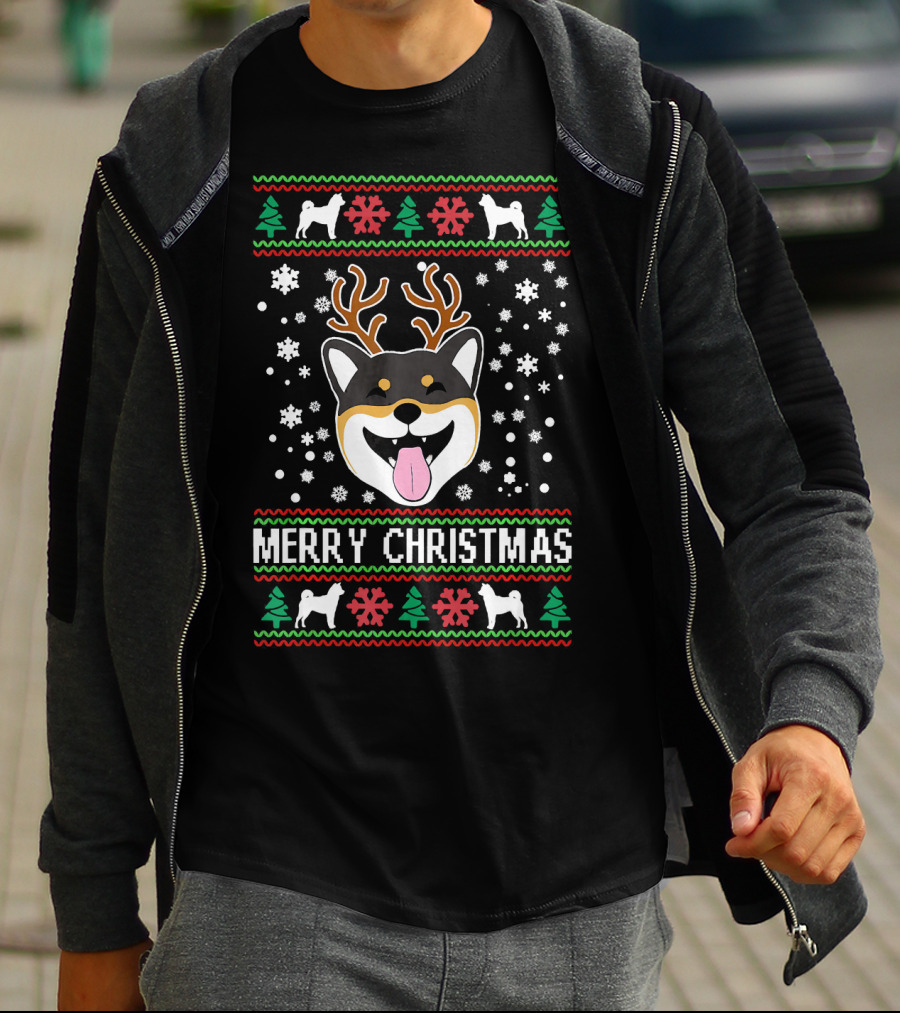 Merry Christmas Shiba Inu Reindeer Antlers Snowflakes Ugly T-Shirt