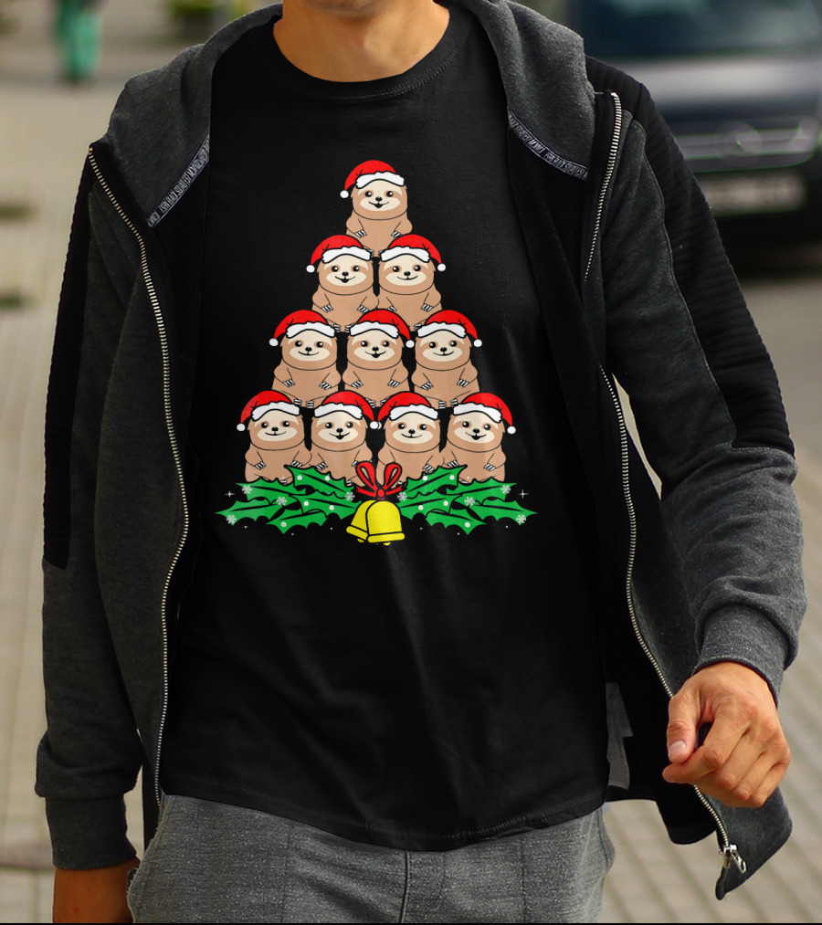 Christmas Tree Of Santa Hat Sloths For Xmas Lovers T-Shirt