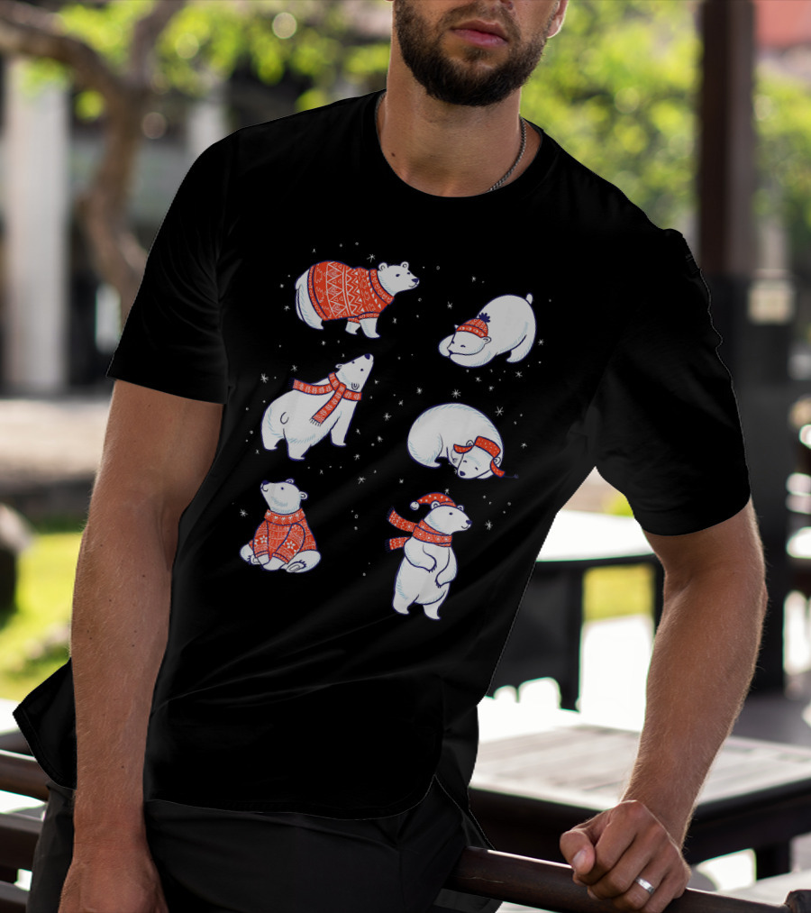Cute Hand Drawn Polar Bear In Festive Red Sweaters And Scarves T-Shirt