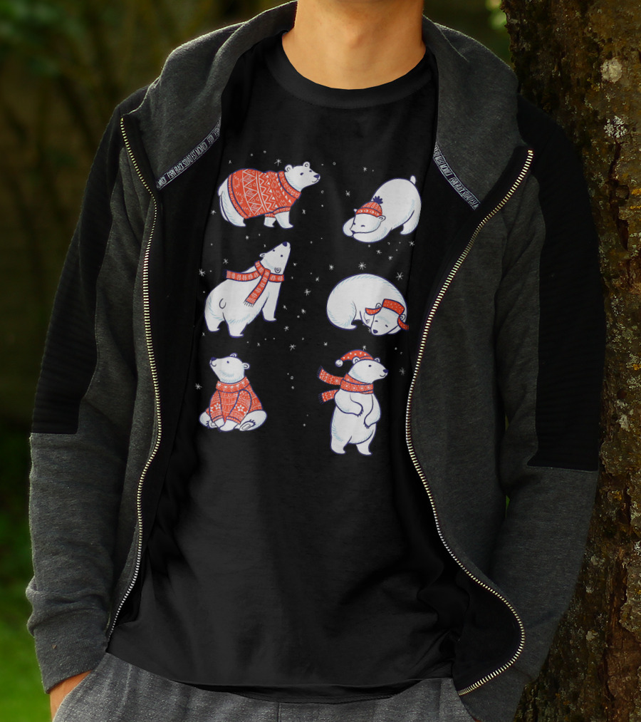 Cute Hand Drawn Polar Bear In Festive Red Sweaters And Scarves T-Shirt