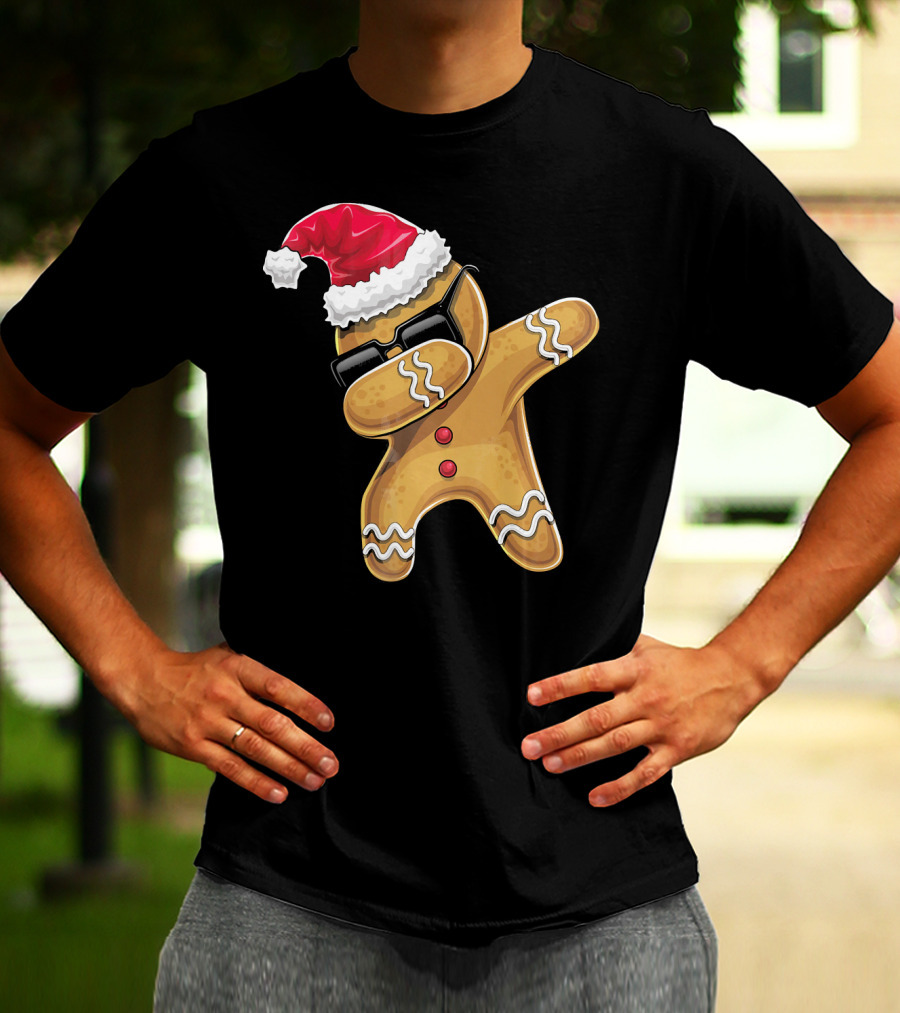 Santa Hat Dabbing Gingerbread Man Holiday Baking T-Shirt