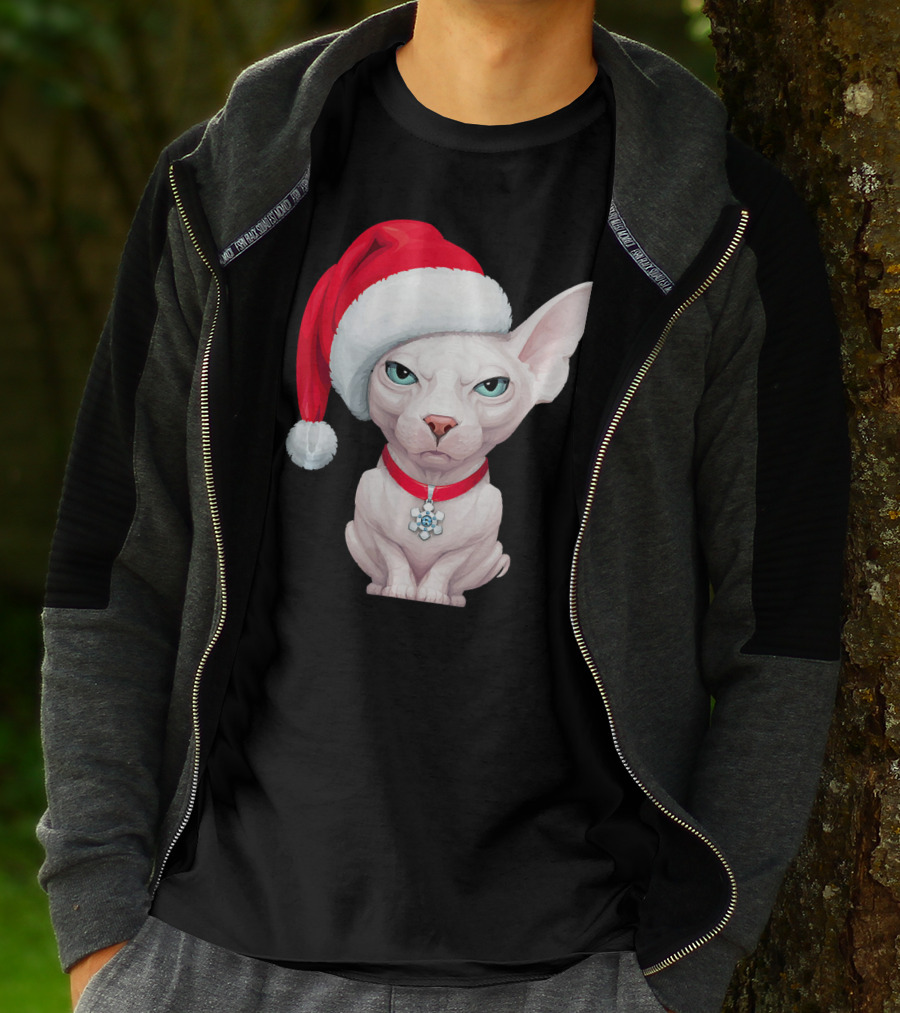 Sphynx Cat Santa Hat Christmas Holiday Festive Pet Charm T-Shirt