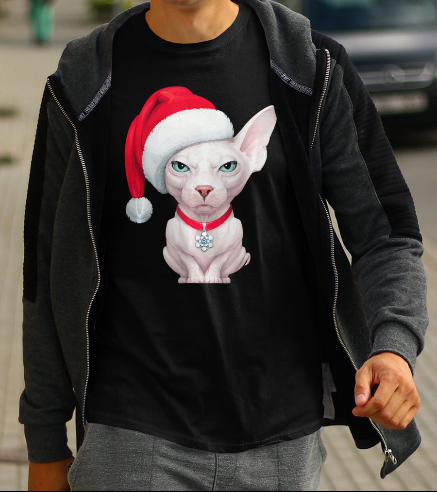 Sphynx Cat Santa Hat Christmas Holiday Festive Pet Charm T-Shirt