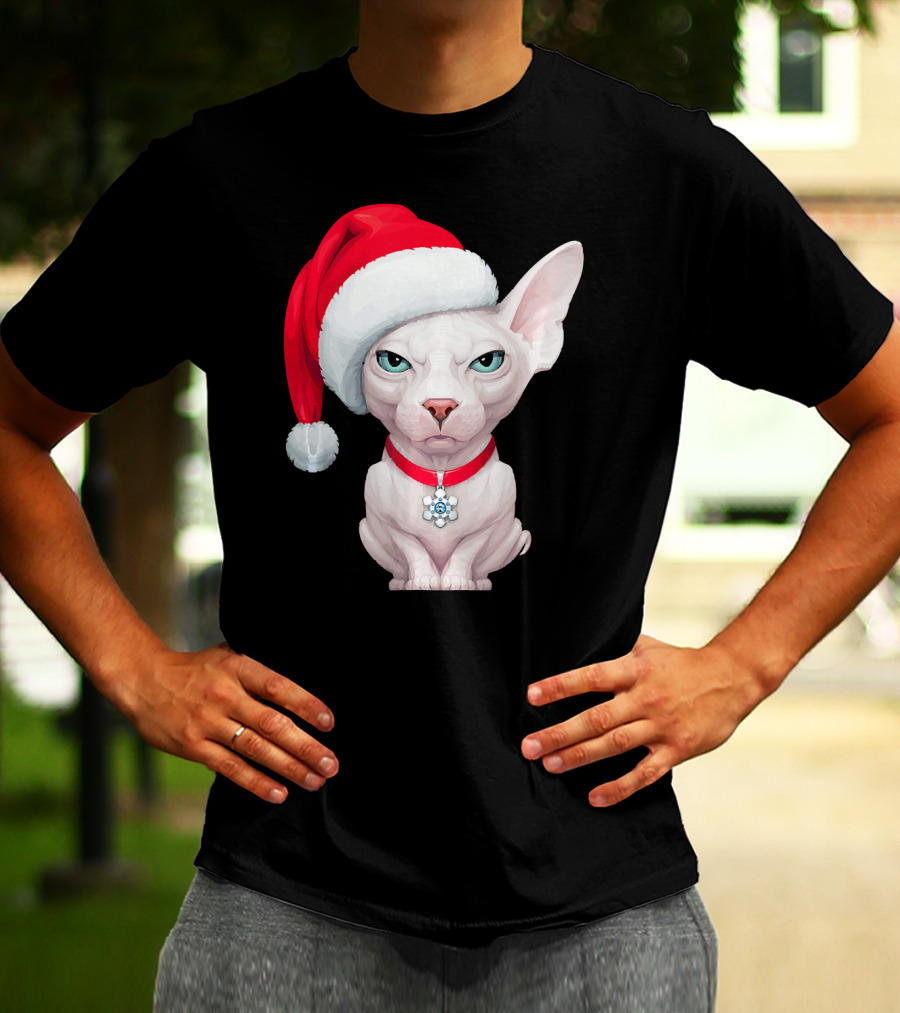 Sphynx Cat Santa Hat Christmas Holiday Festive Pet Charm T-Shirt